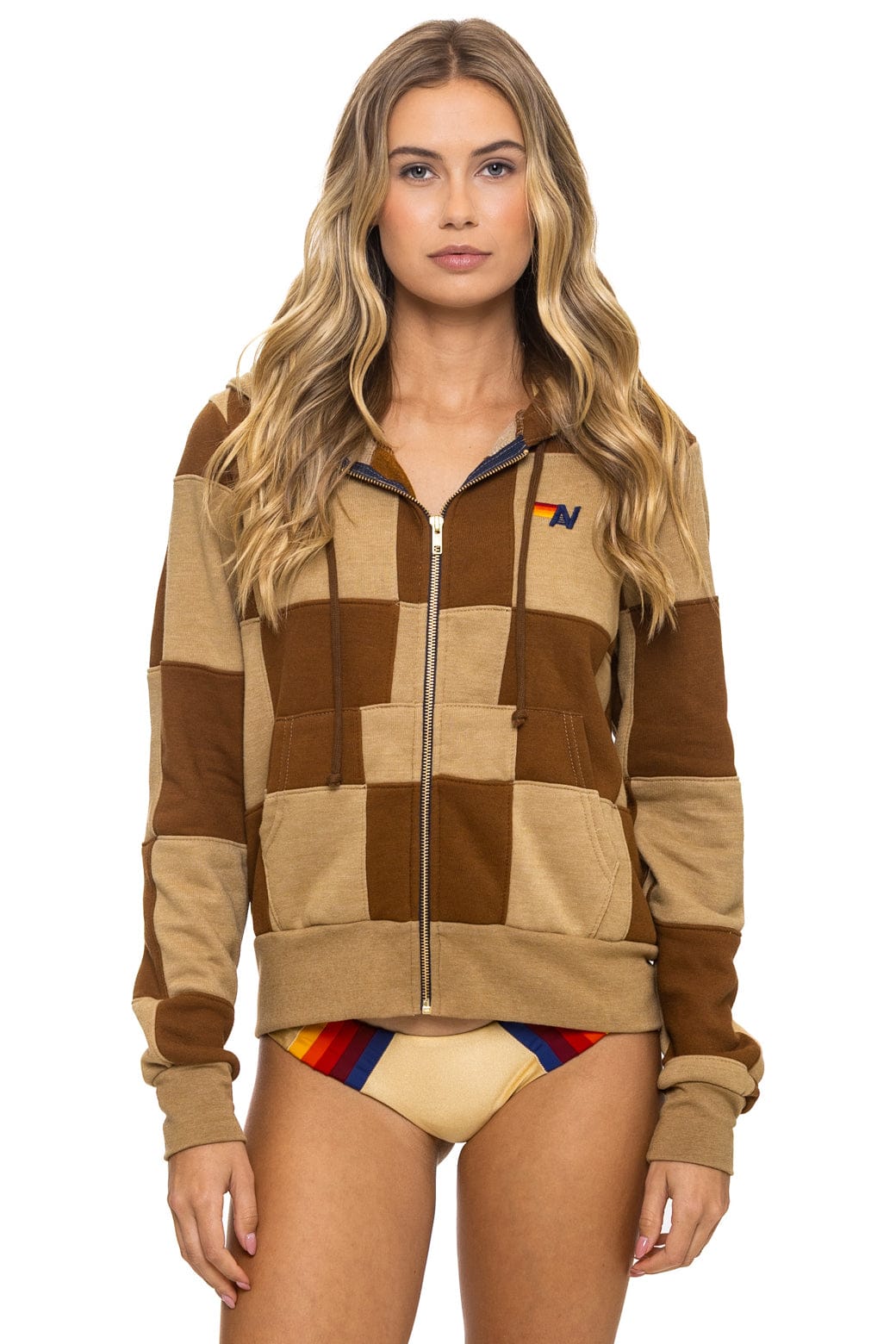 CHECK QUILT ZIP HOODIE - TAN CINNAMON