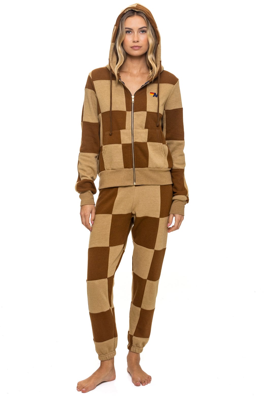 CHECK QUILT ZIP HOODIE - TAN CINNAMON