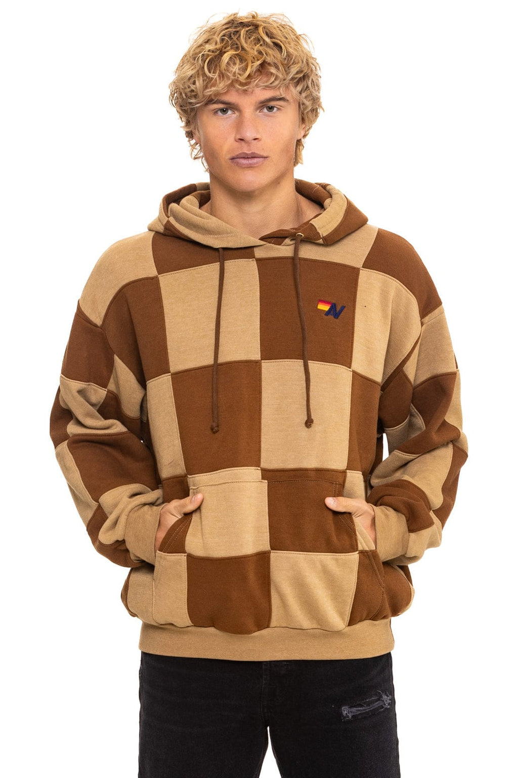 CHECK QUILT RELAXED PULLOVER HOODIE - TAN CINNAMON