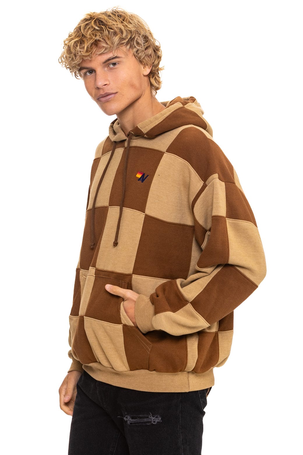 CHECK QUILT RELAXED PULLOVER HOODIE - TAN CINNAMON