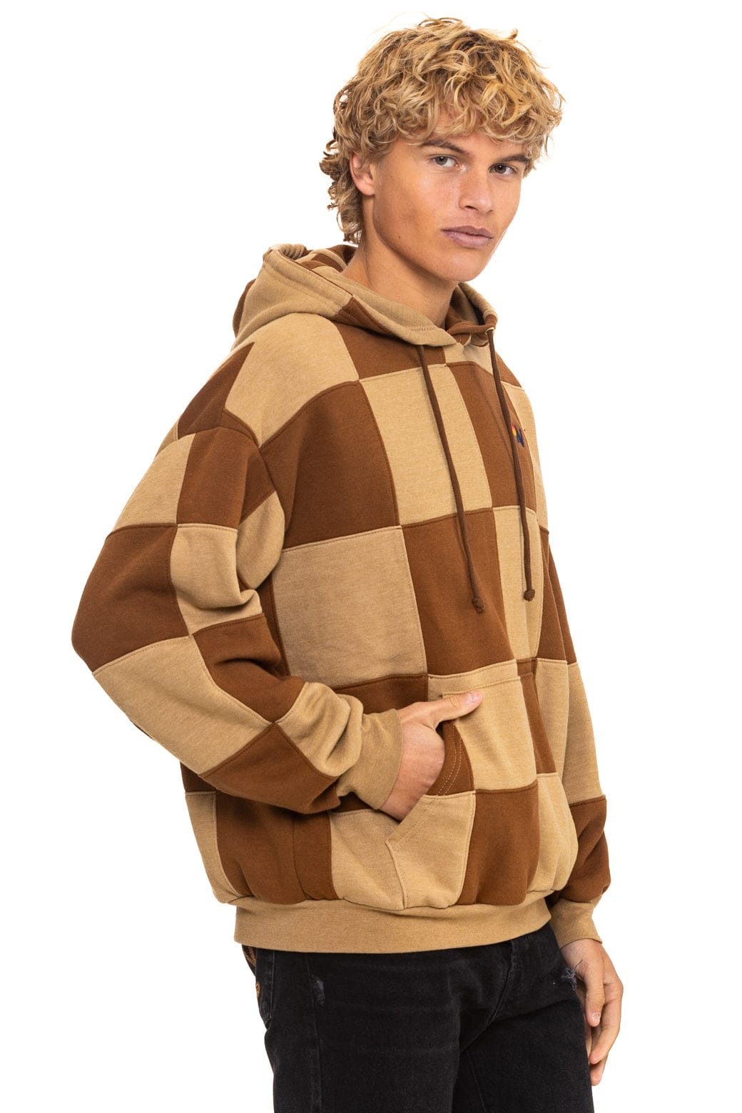 CHECK QUILT RELAXED PULLOVER HOODIE - TAN CINNAMON