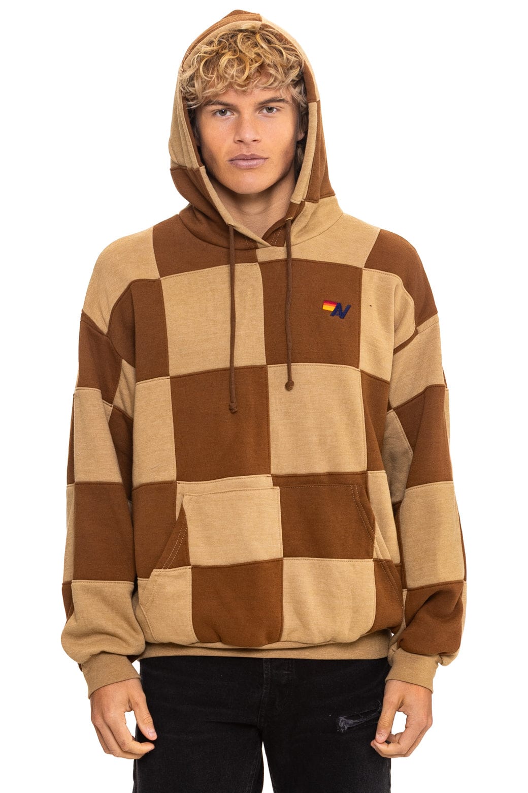 CHECK QUILT RELAXED PULLOVER HOODIE - TAN CINNAMON