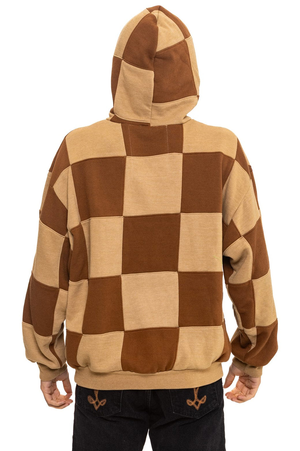 CHECK QUILT RELAXED PULLOVER HOODIE - TAN CINNAMON