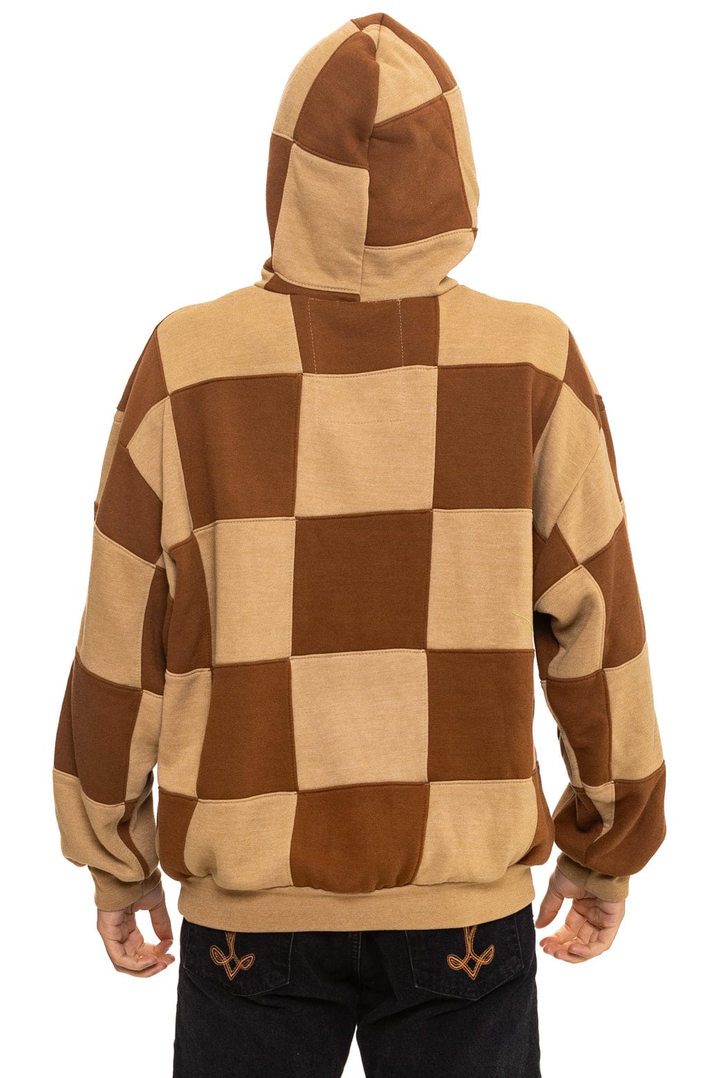 CHECK QUILT RELAXED PULLOVER HOODIE - TAN CINNAMON