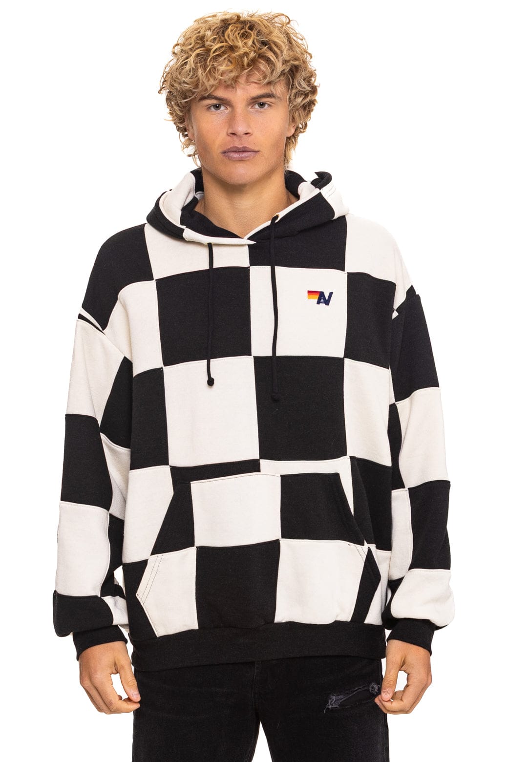 CHECK QUILT RELAXED PULLOVER HOODIE - VINTAGE WHITE BLACK