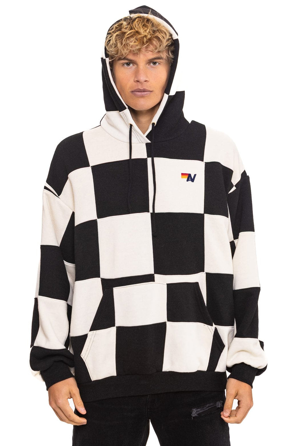 CHECK QUILT RELAXED PULLOVER HOODIE - VINTAGE WHITE BLACK