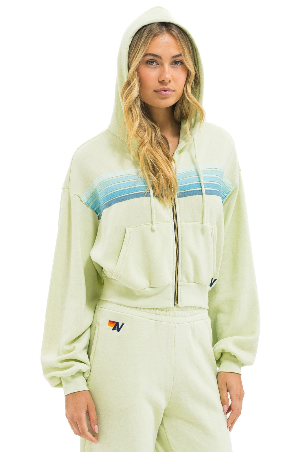 5 STRIPE CROPPED ZIP HOODIE RELAXED - LIME CREAM SEAFOAM