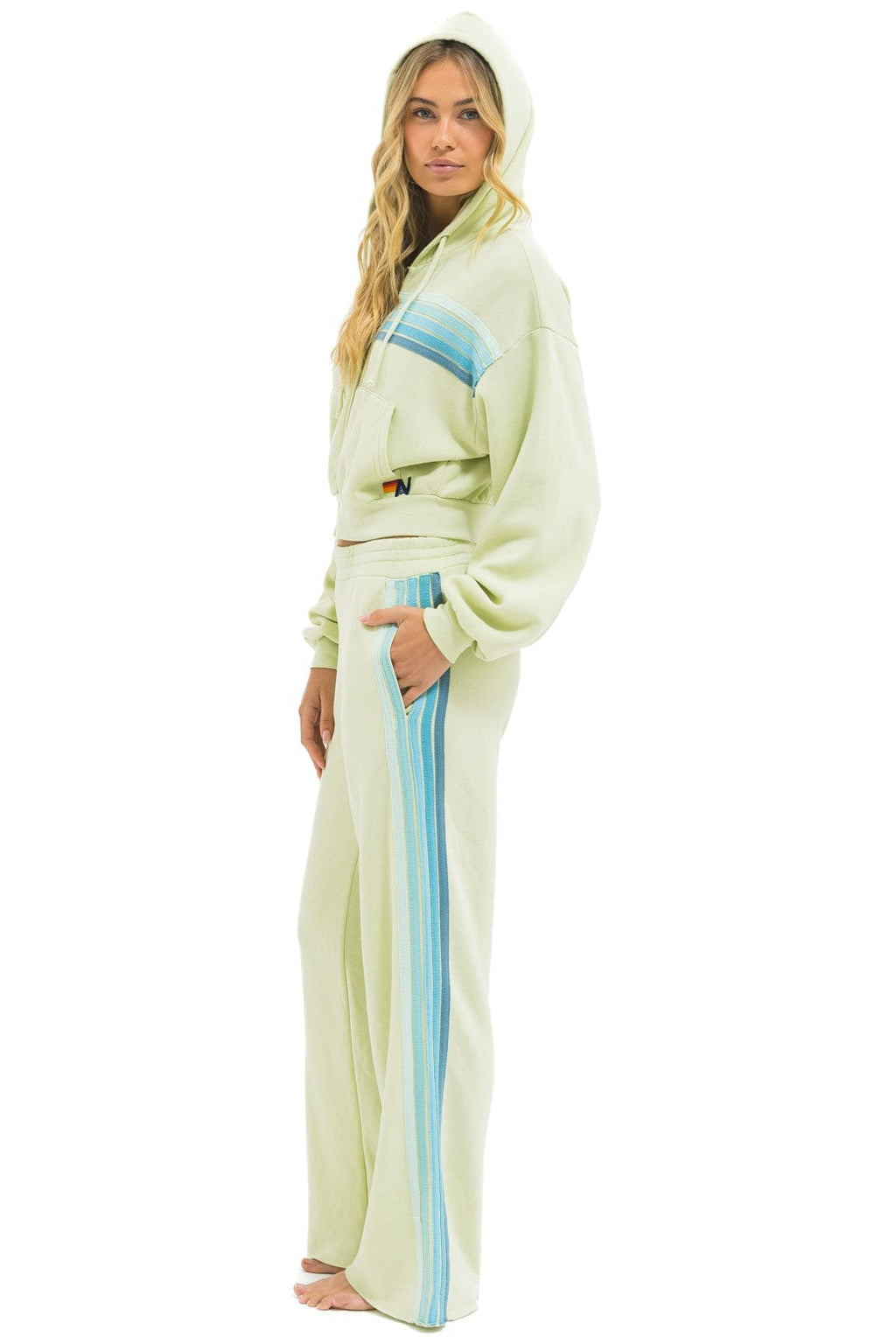 5 STRIPE CROPPED ZIP HOODIE RELAXED - LIME CREAM SEAFOAM