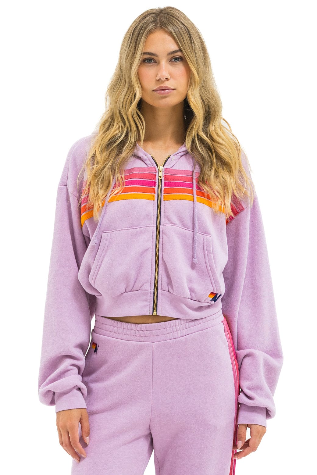 5 STRIPE CROPPED ZIP HOODIE RELAXED - MAUVE MAGENTA ORANGE