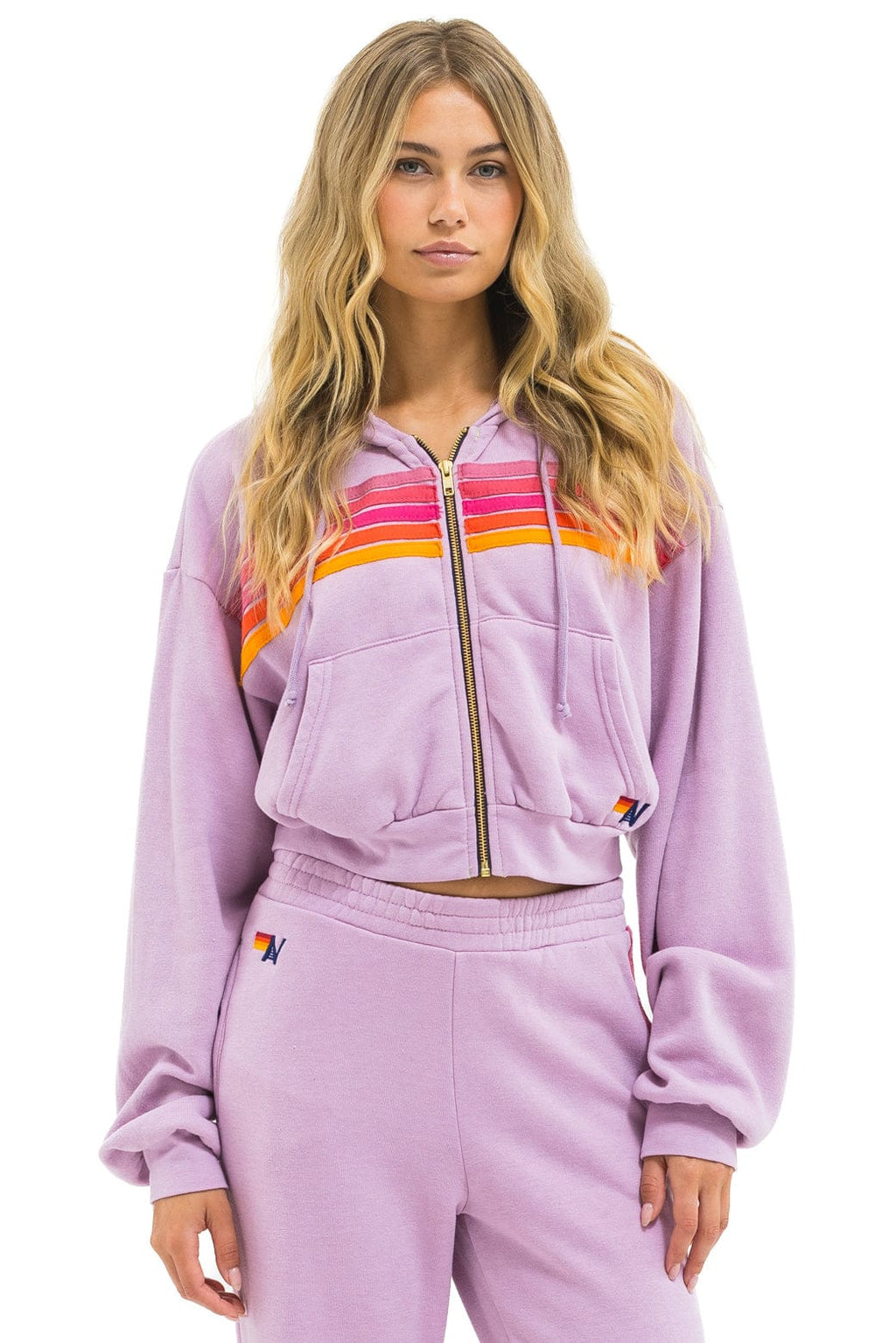 5 STRIPE CROPPED ZIP HOODIE RELAXED - MAUVE MAGENTA ORANGE