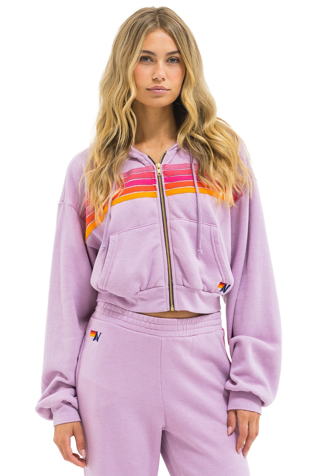 5 STRIPE CROPPED ZIP HOODIE RELAXED - MAUVE MAGENTA ORANGE