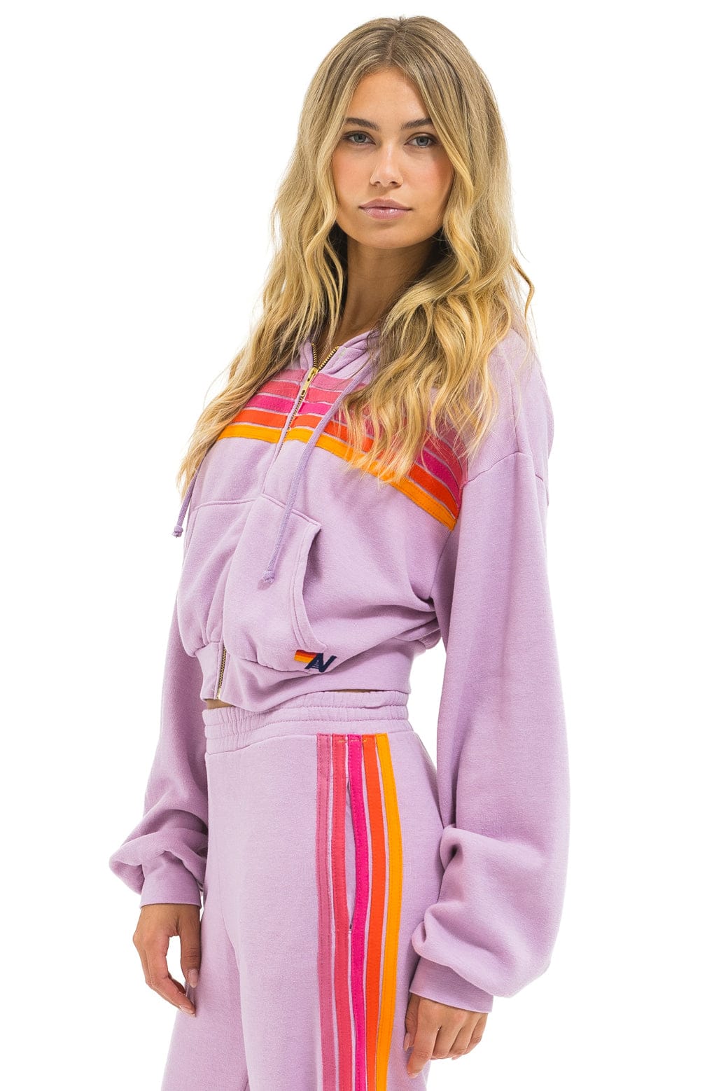 5 STRIPE CROPPED ZIP HOODIE RELAXED - MAUVE MAGENTA ORANGE