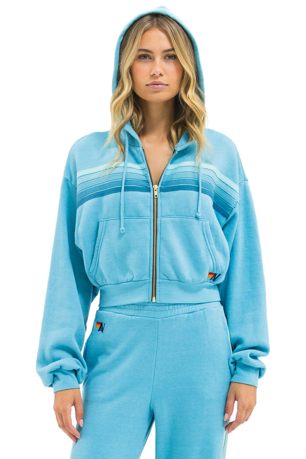 5 STRIPE CROPPED ZIP HOODIE RELAXED - AQUA AQUA
