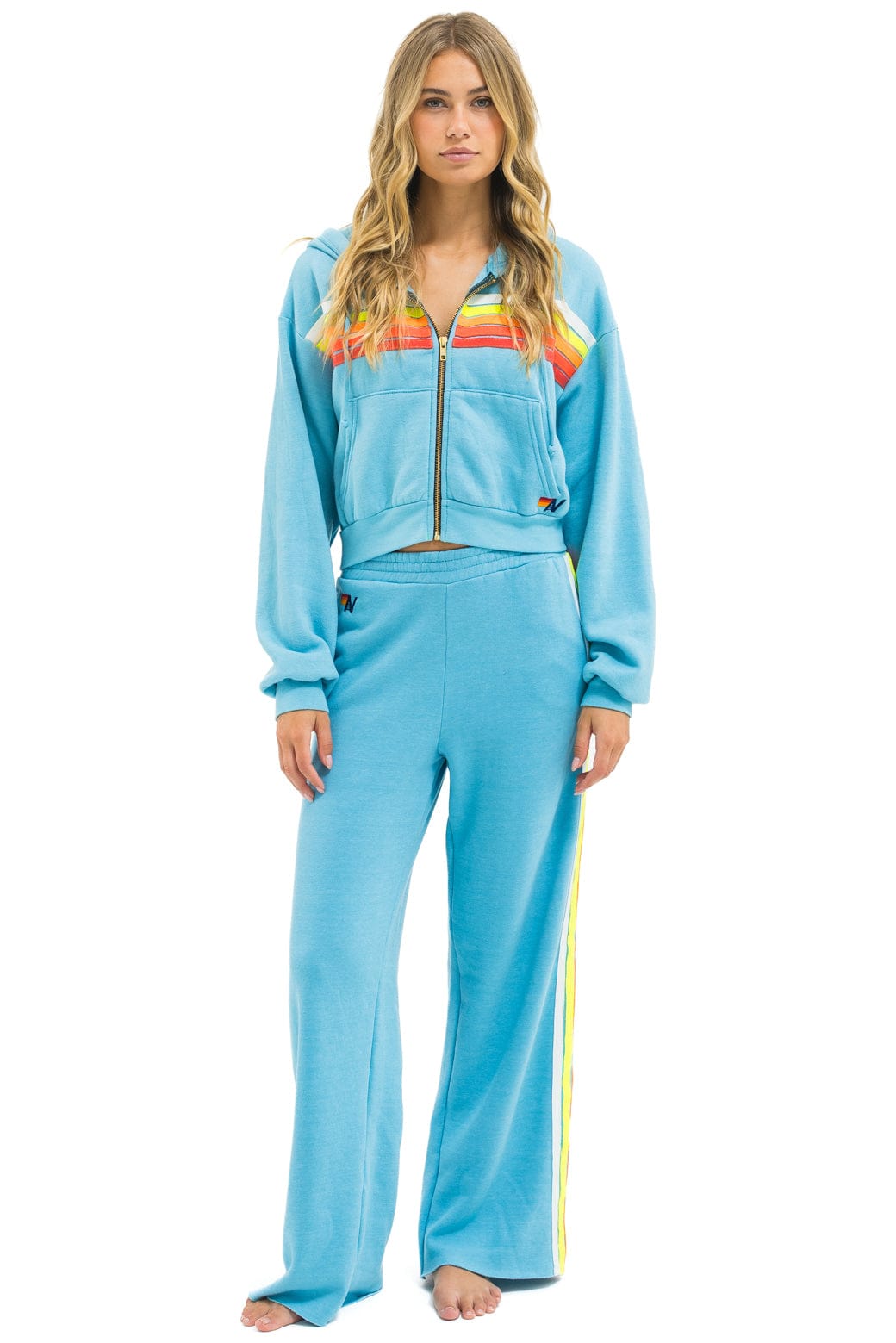 5 STRIPE WIDE LEG POCKET SWEATPANTS - AQUA WHITE NEON