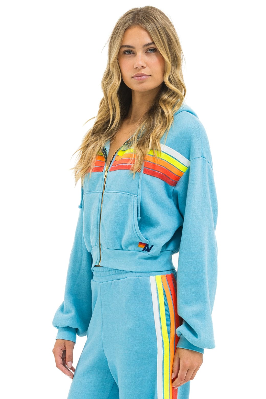 5 STRIPE CROPPED ZIP HOODIE RELAXED - AQUA WHITE NEON
