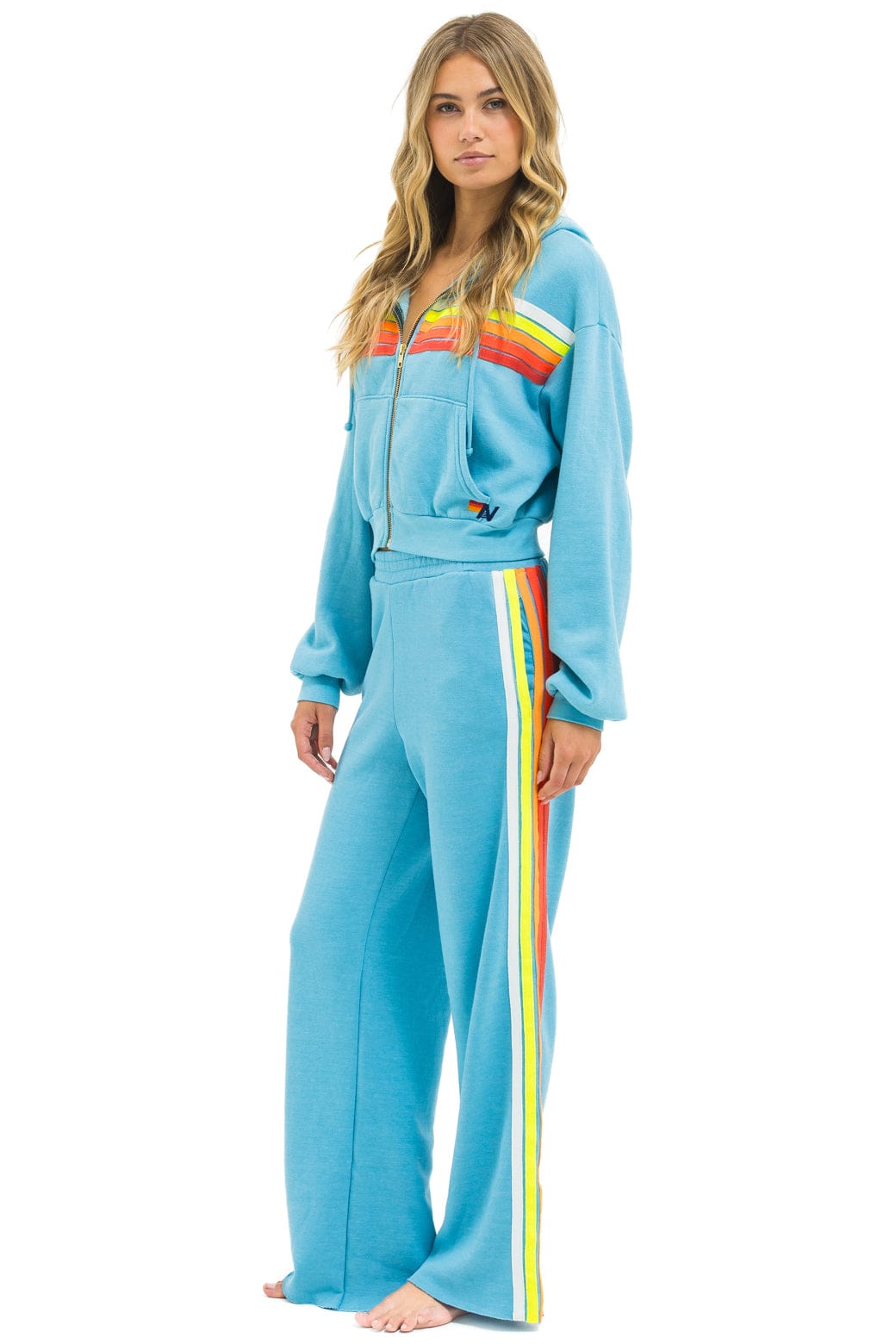 5 STRIPE WIDE LEG POCKET SWEATPANTS - AQUA WHITE NEON