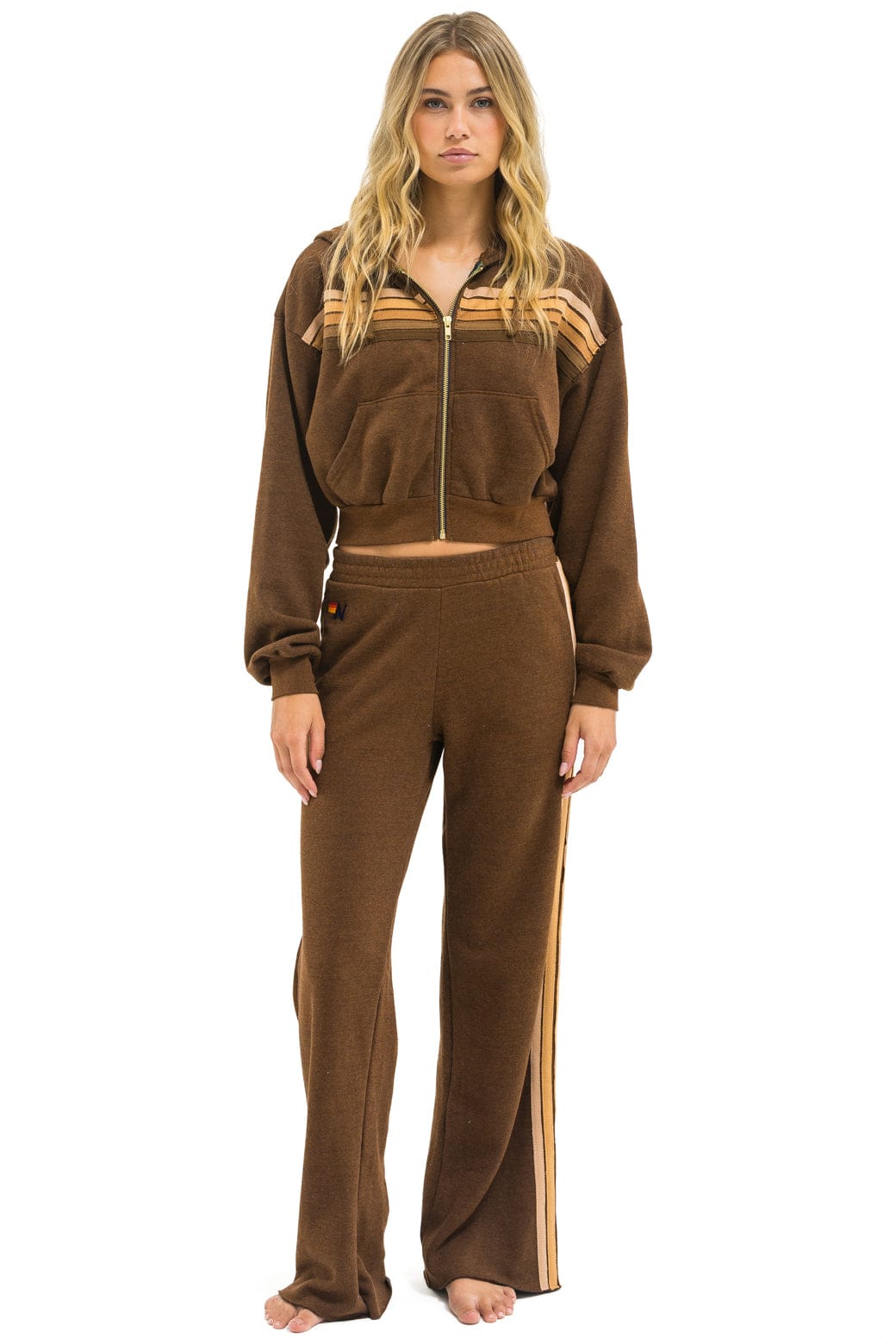 5 STRIPE CROPPED ZIP HOODIE RELAXED - CHOCOLATE ESPRESSO