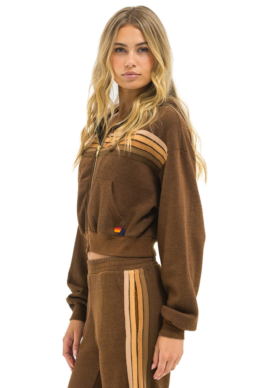 5 STRIPE CROPPED ZIP HOODIE RELAXED - CHOCOLATE ESPRESSO