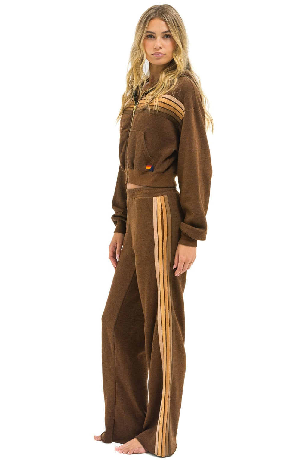 5 STRIPE CROPPED ZIP HOODIE RELAXED - CHOCOLATE ESPRESSO