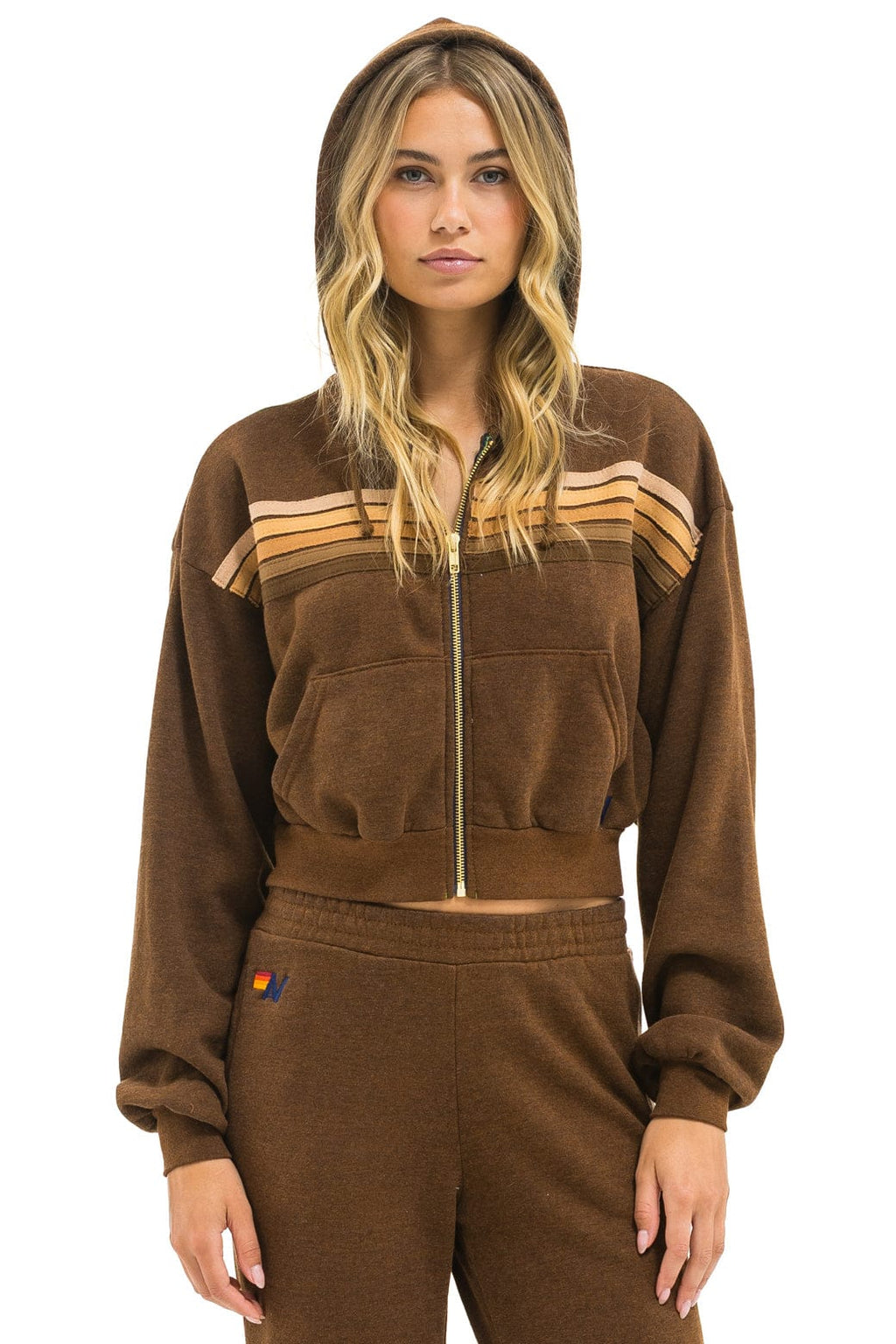 5 STRIPE CROPPED ZIP HOODIE RELAXED - CHOCOLATE ESPRESSO