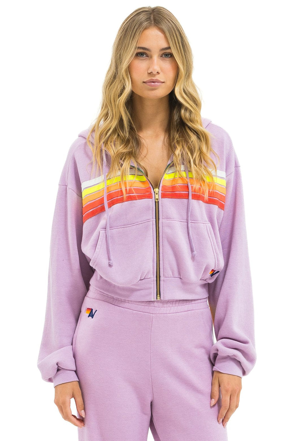 5 STRIPE CROPPED ZIP HOODIE RELAXED - MAUVE WHITE NEON