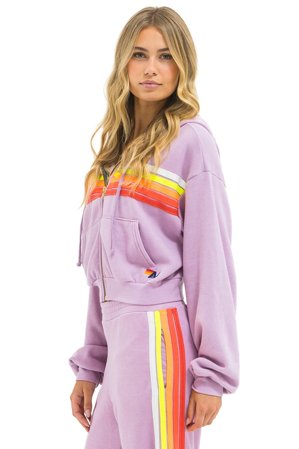 5 STRIPE CROPPED ZIP HOODIE RELAXED - MAUVE WHITE NEON