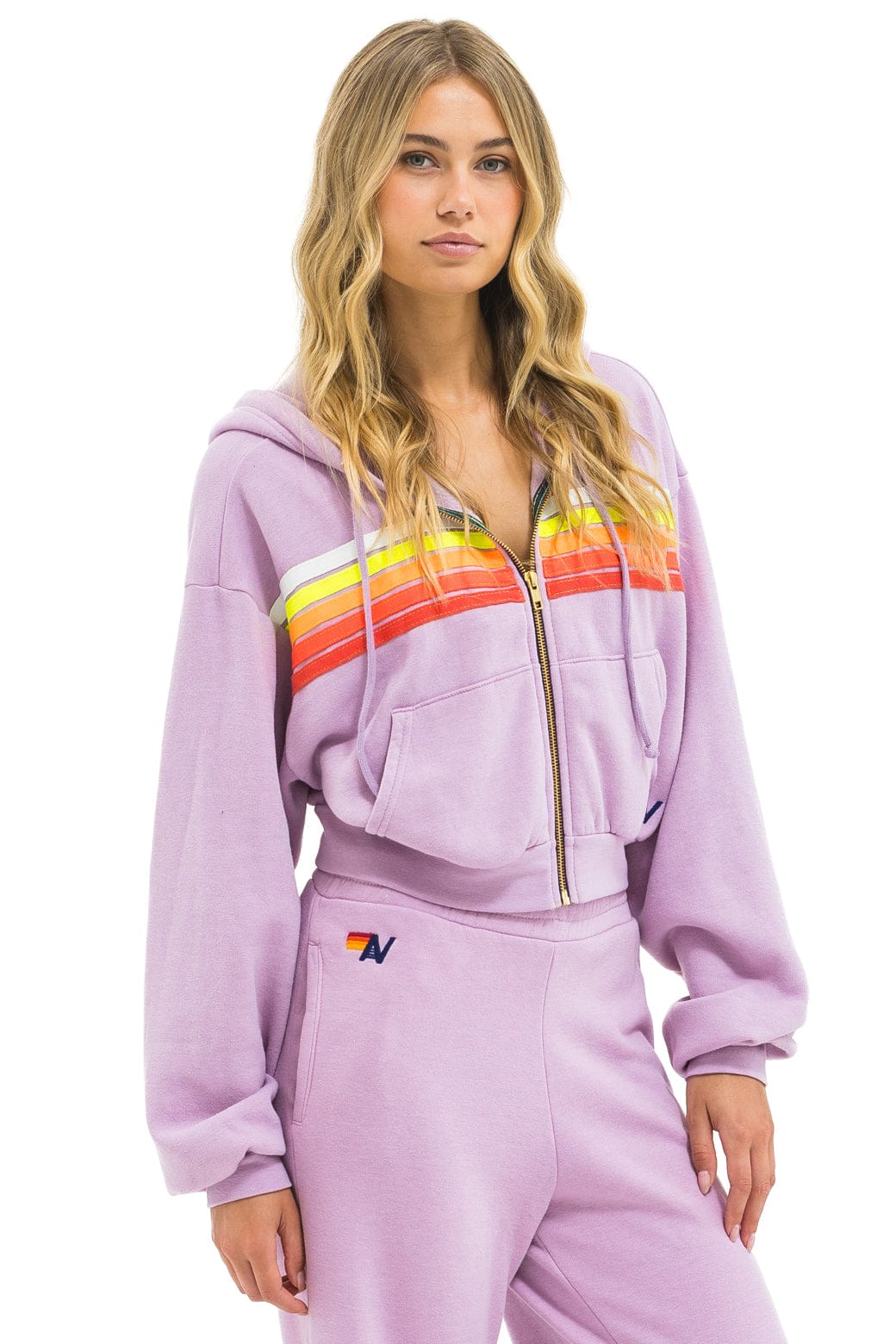 5 STRIPE CROPPED ZIP HOODIE RELAXED - MAUVE WHITE NEON