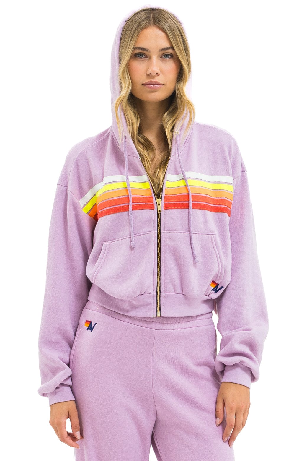 5 STRIPE CROPPED ZIP HOODIE RELAXED - MAUVE WHITE NEON