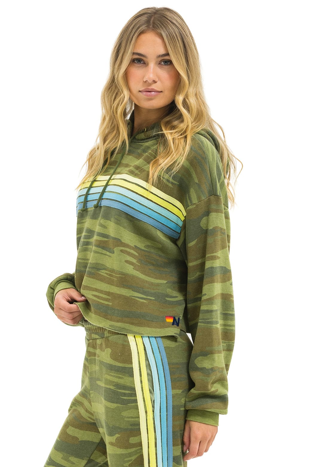 5 STRIPE RELAXED CROPPED PULLOVER HOODIE - CAMO LIME AQUA