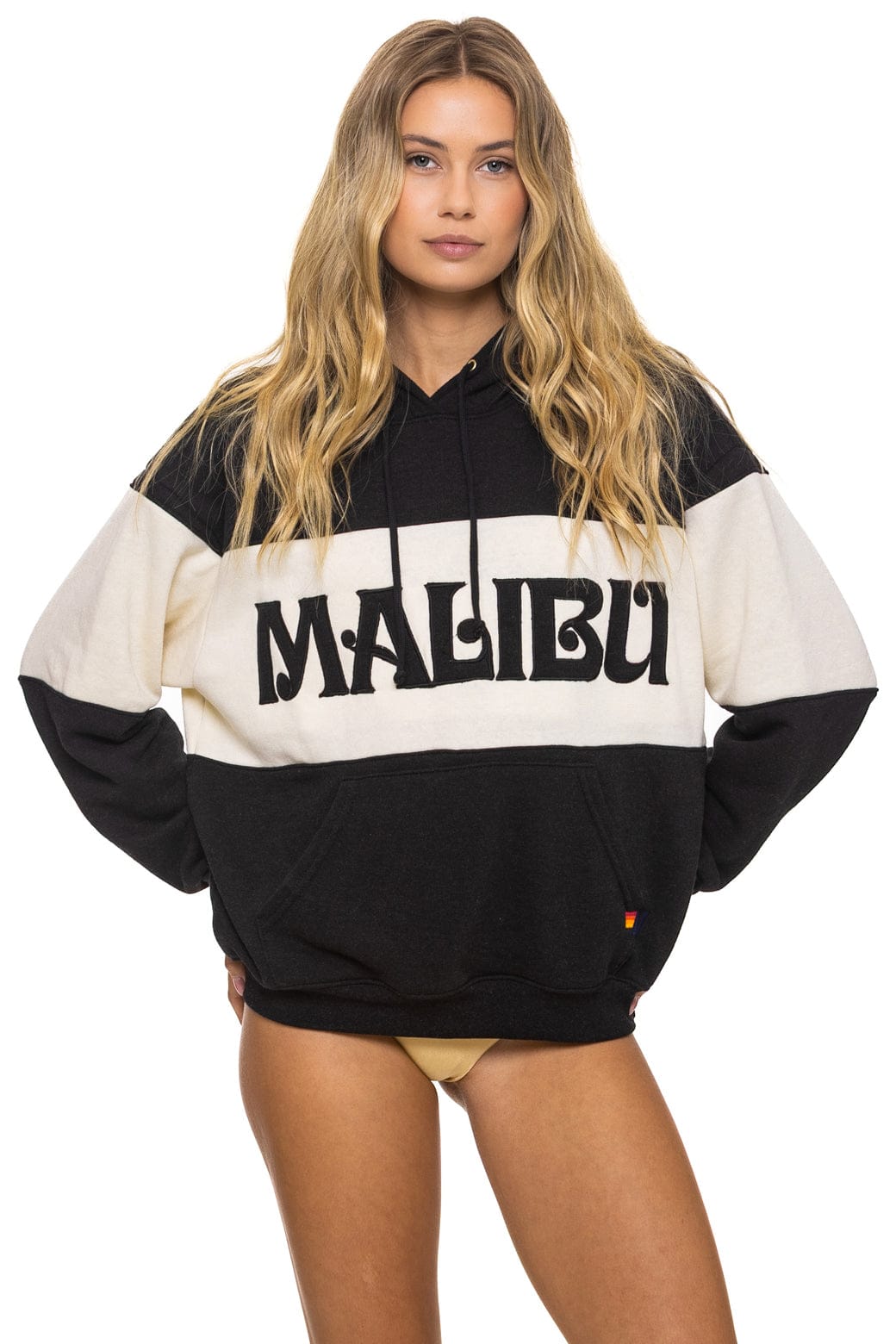 MALIBU EMBROIDERY COLOR BLOCK PULLOVER HOODIE RELAXED - BLACK VINTAGE WHITE
