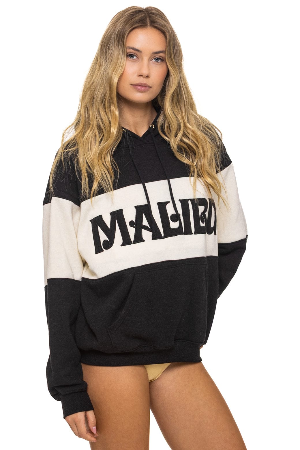 MALIBU EMBROIDERY COLOR BLOCK PULLOVER HOODIE RELAXED - BLACK VINTAGE WHITE