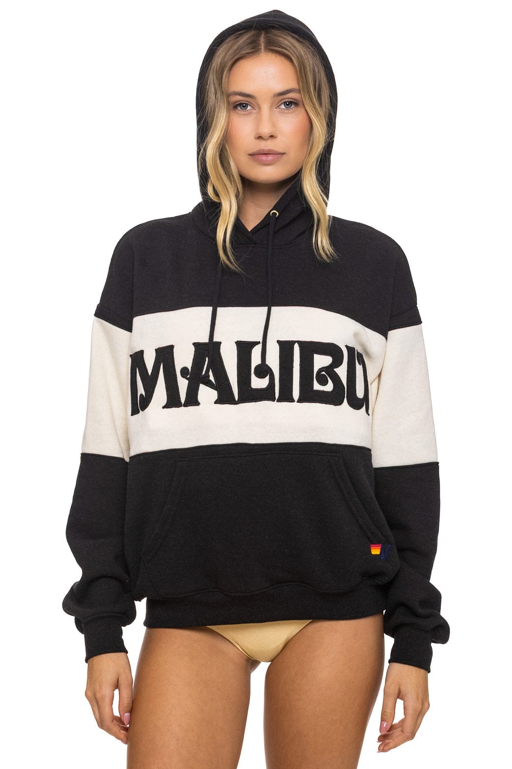 MALIBU EMBROIDERY COLOR BLOCK PULLOVER HOODIE RELAXED - BLACK VINTAGE WHITE