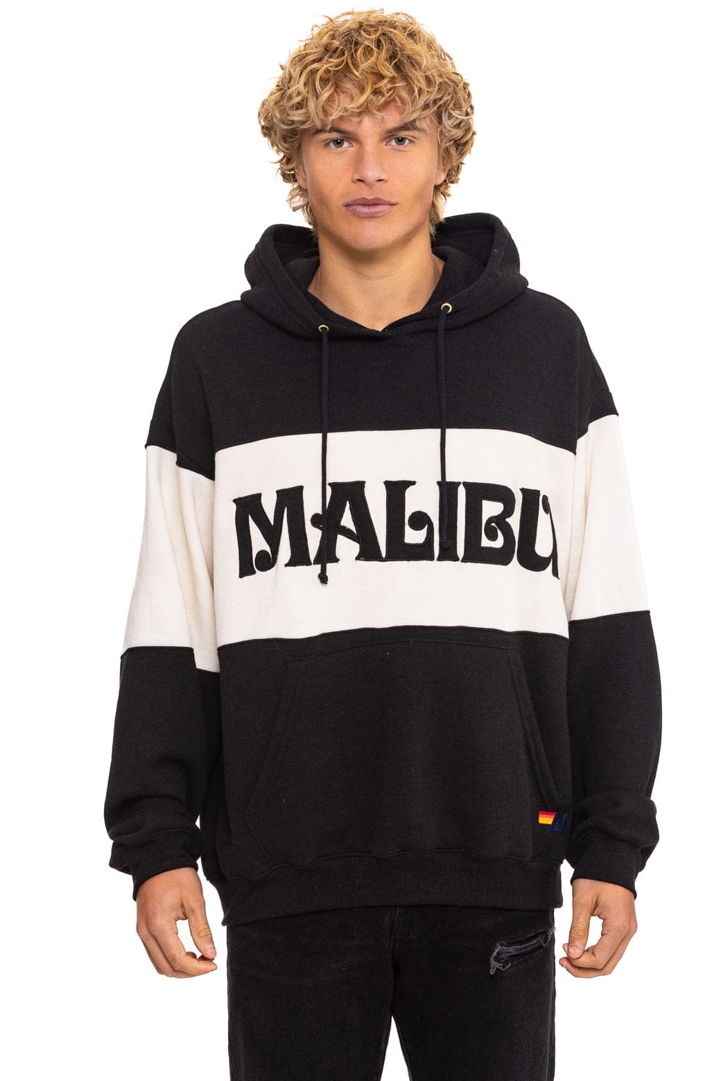 MALIBU EMBROIDERY COLOR BLOCK PULLOVER HOODIE RELAXED - BLACK VINTAGE WHITE