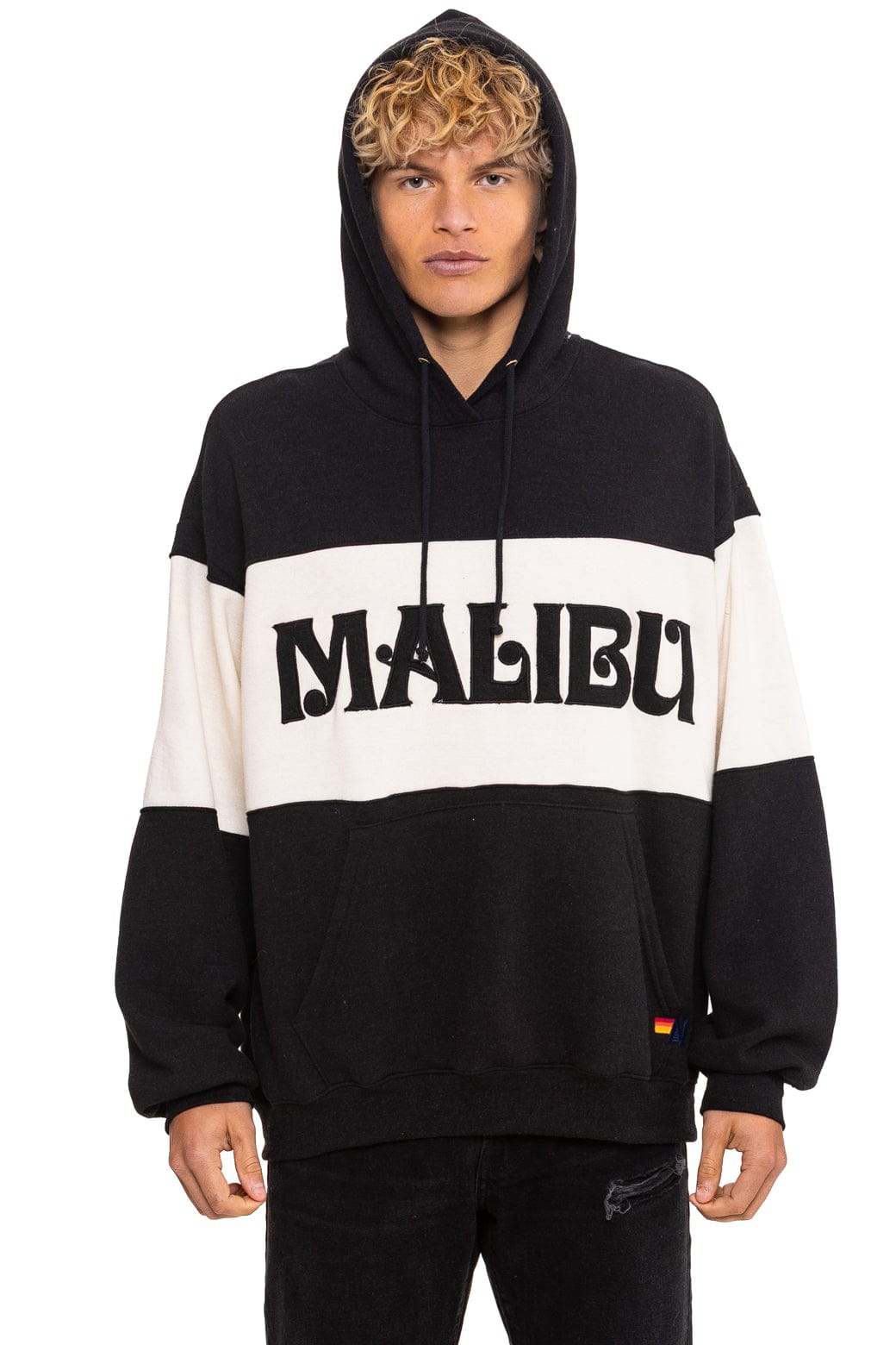 MALIBU EMBROIDERY COLOR BLOCK PULLOVER HOODIE RELAXED - BLACK VINTAGE WHITE