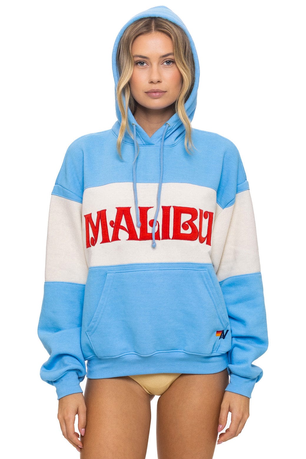 MALIBU EMBROIDERY COLOR BLOCK PULLOVER HOODIE RELAXED - SKY VINTAGE WHITE