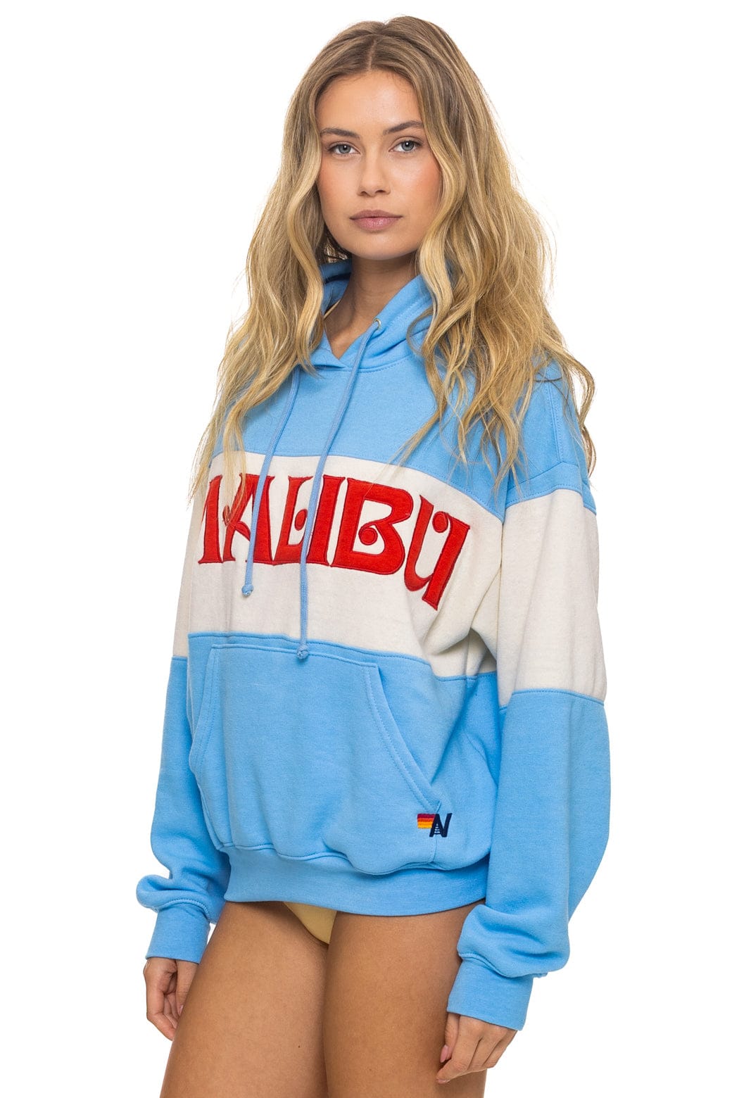 MALIBU EMBROIDERY COLOR BLOCK PULLOVER HOODIE RELAXED - SKY VINTAGE WHITE