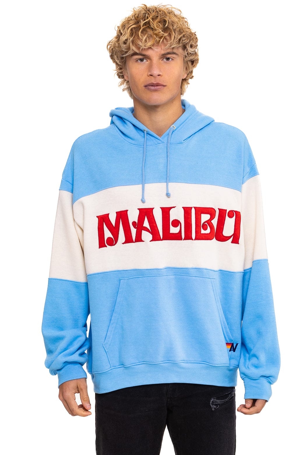 MALIBU EMBROIDERY COLOR BLOCK PULLOVER HOODIE RELAXED - SKY VINTAGE WHITE