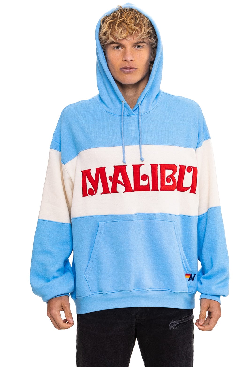 MALIBU EMBROIDERY COLOR BLOCK PULLOVER HOODIE RELAXED - SKY VINTAGE WHITE