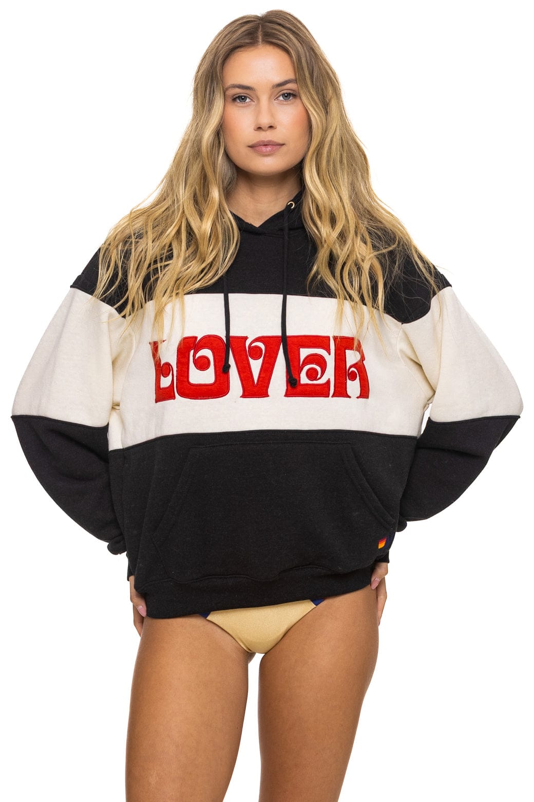 LOVER EMBROIDERY COLOR BLOCK PULLOVER HOODIE RELAXED - BLACK VINTAGE WHITE