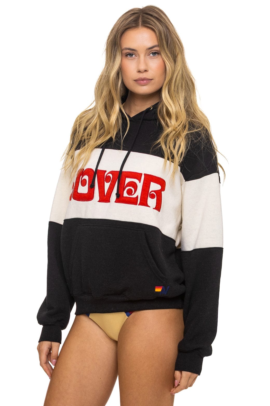 LOVER EMBROIDERY COLOR BLOCK PULLOVER HOODIE RELAXED - BLACK VINTAGE WHITE