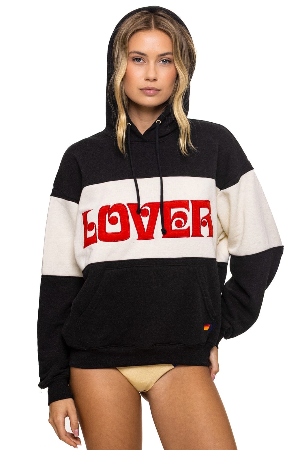 LOVER EMBROIDERY COLOR BLOCK PULLOVER HOODIE RELAXED - BLACK VINTAGE WHITE
