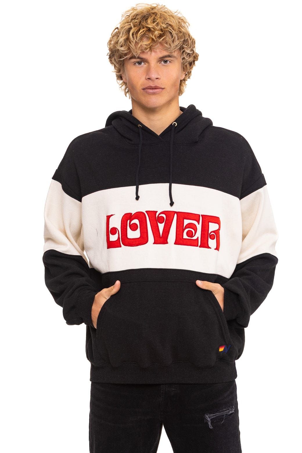 LOVER EMBROIDERY COLOR BLOCK PULLOVER HOODIE RELAXED - BLACK VINTAGE WHITE