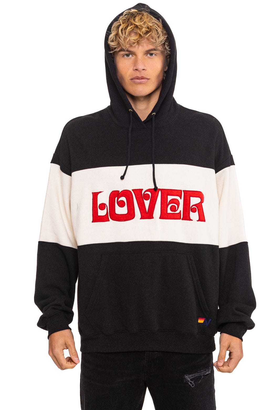 LOVER EMBROIDERY COLOR BLOCK PULLOVER HOODIE RELAXED - BLACK VINTAGE WHITE