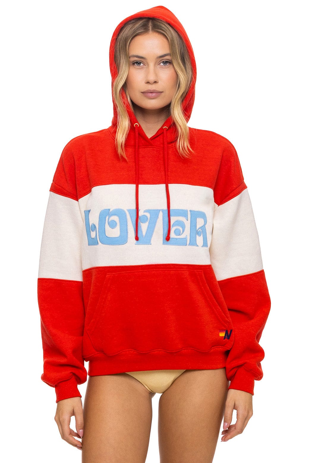 LOVER EMBROIDERY COLOR BLOCK PULLOVER HOODIE RELAXED - RED VINTAGE WHITE