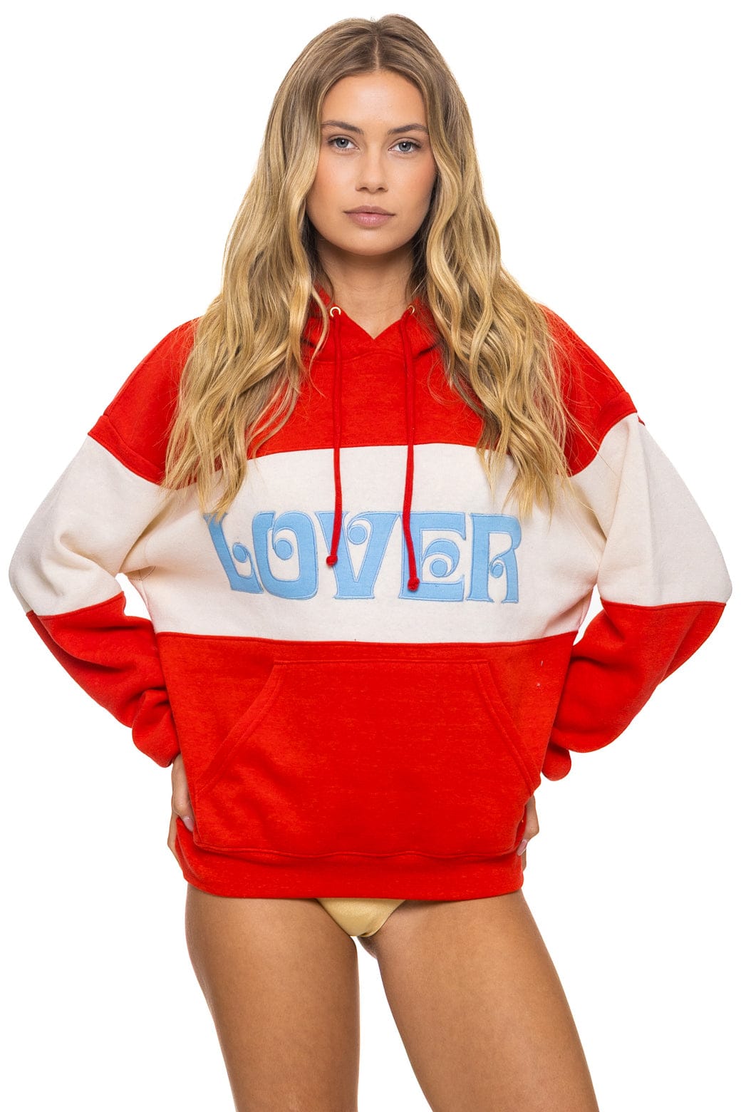 LOVER EMBROIDERY COLOR BLOCK PULLOVER HOODIE RELAXED - RED VINTAGE WHITE