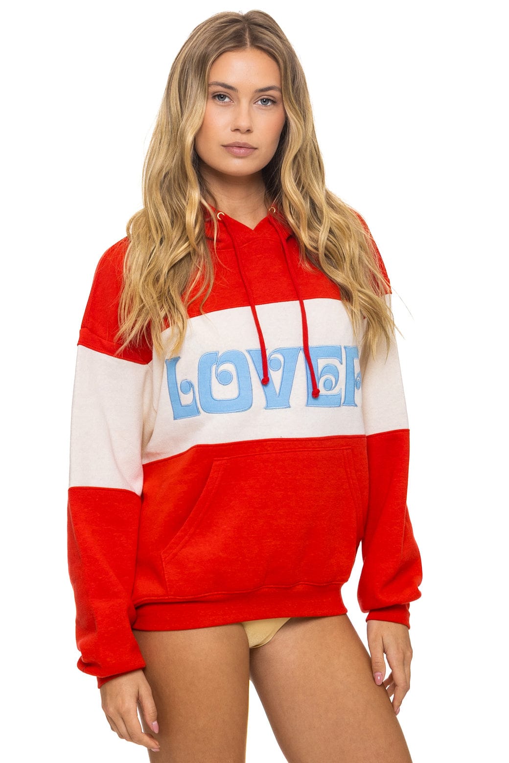 LOVER EMBROIDERY COLOR BLOCK PULLOVER HOODIE RELAXED - RED VINTAGE WHITE