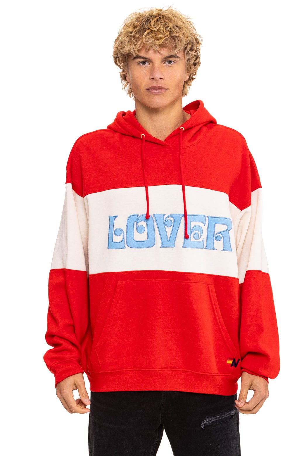LOVER EMBROIDERY COLOR BLOCK PULLOVER HOODIE RELAXED - RED VINTAGE WHITE