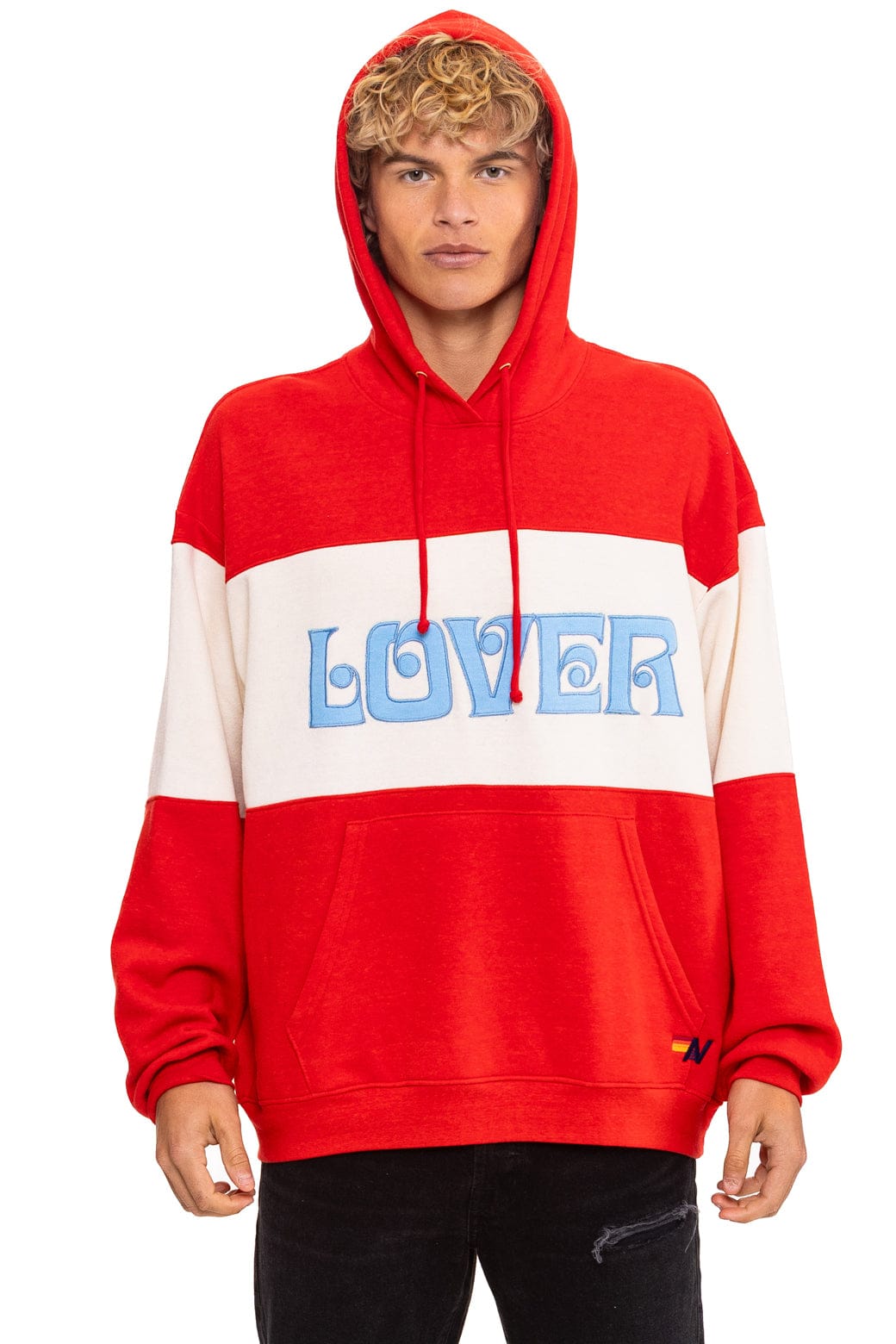 LOVER EMBROIDERY COLOR BLOCK PULLOVER HOODIE RELAXED - RED VINTAGE WHITE