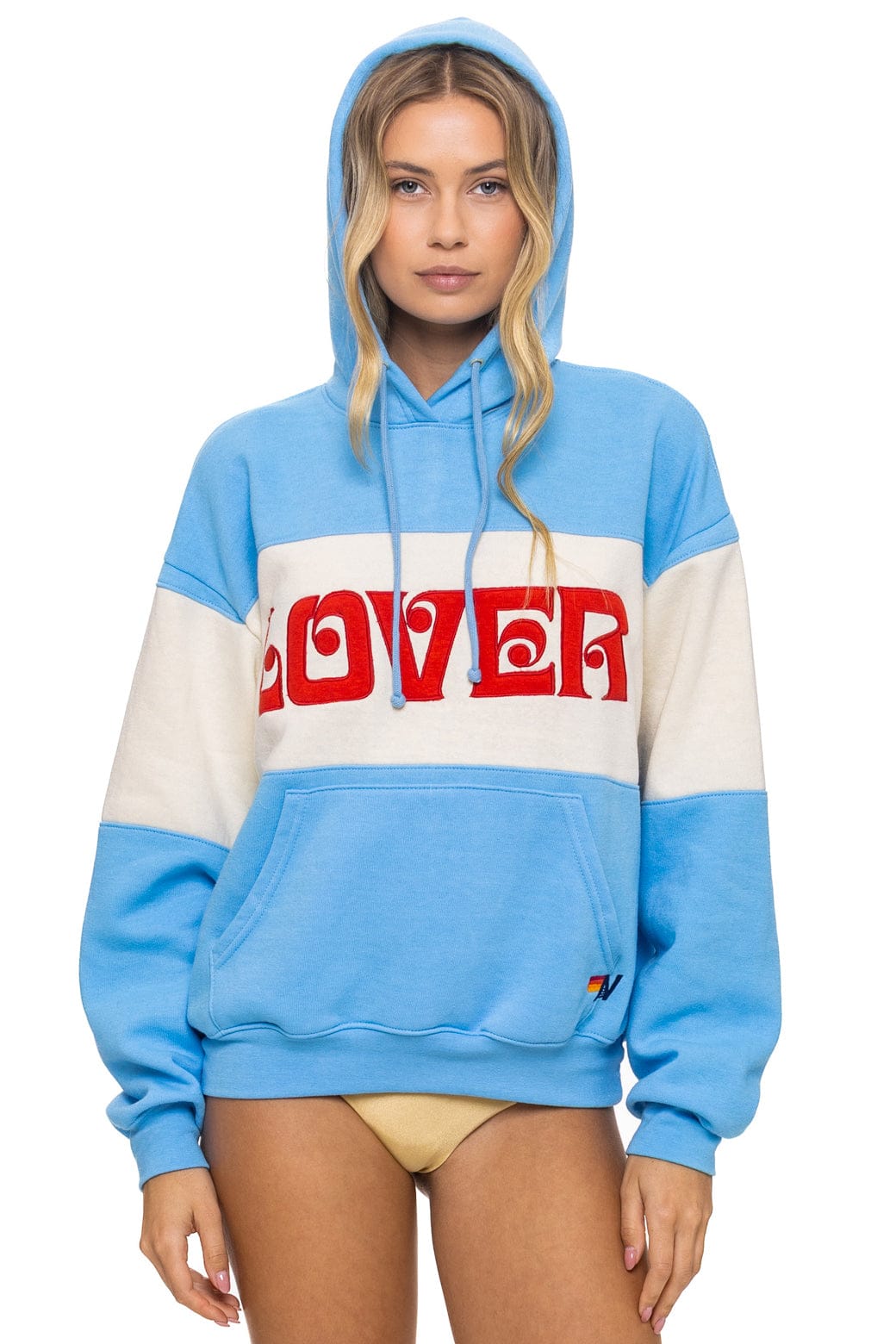 LOVER EMBROIDERY COLOR BLOCK PULLOVER HOODIE RELAXED - SKY VINTAGE WHITE