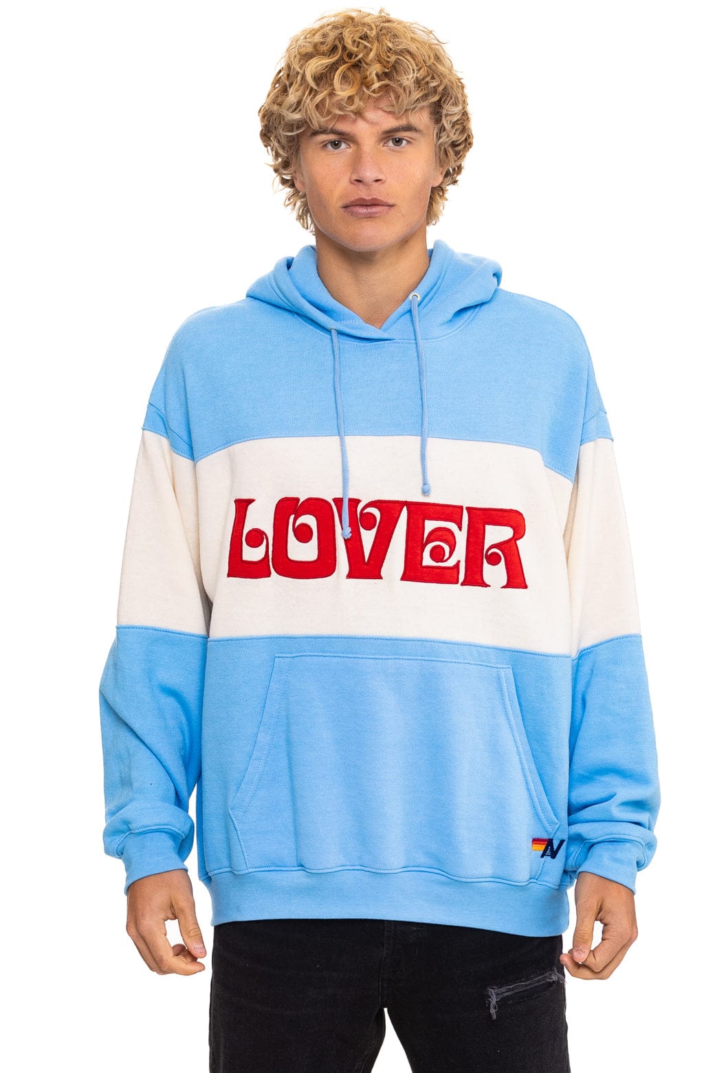 LOVER EMBROIDERY COLOR BLOCK PULLOVER HOODIE RELAXED - SKY VINTAGE WHITE